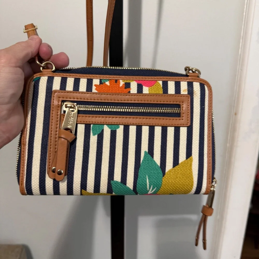 Spartina 449 Crossbody Wallet Floral Stripe Small Tan Good Canvas Mermaid Logo - Picture 7 of 12